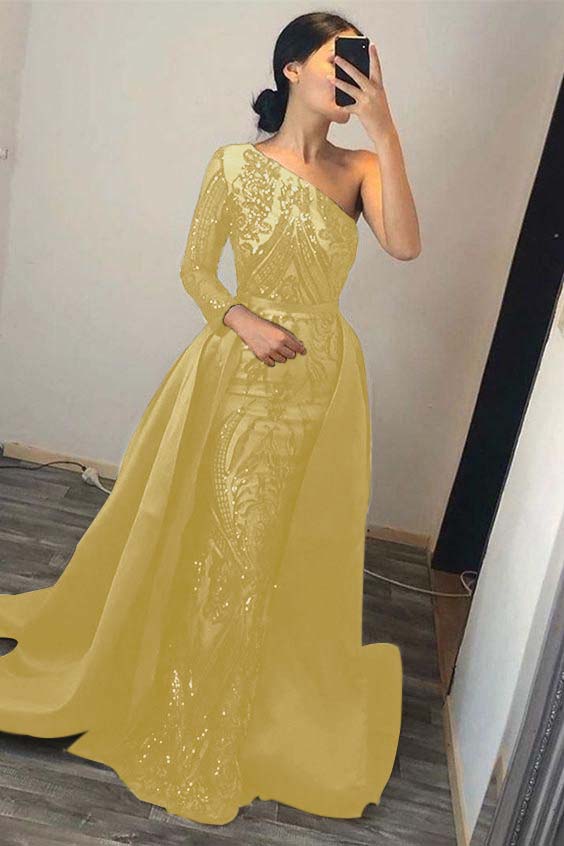 Dark Green Overskirt One Shoulder Long Sleeve Mermaid Prom Dress With Sequins