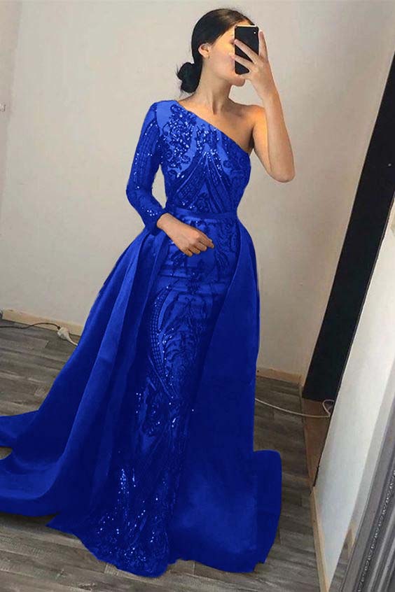Dark Green Overskirt One Shoulder Long Sleeve Mermaid Prom Dress With Sequins