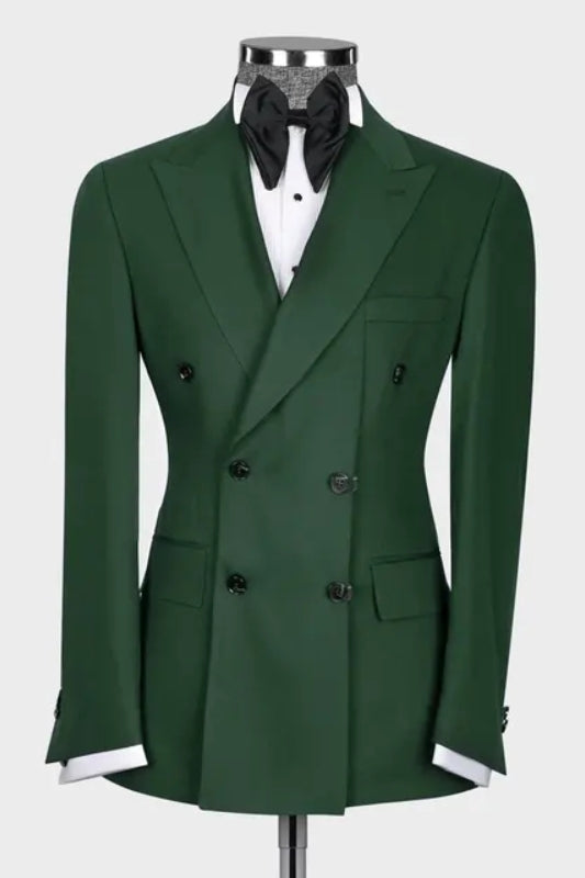 Dark Peaked Lapel Double Breasted Bespoke Green Prom Suits
