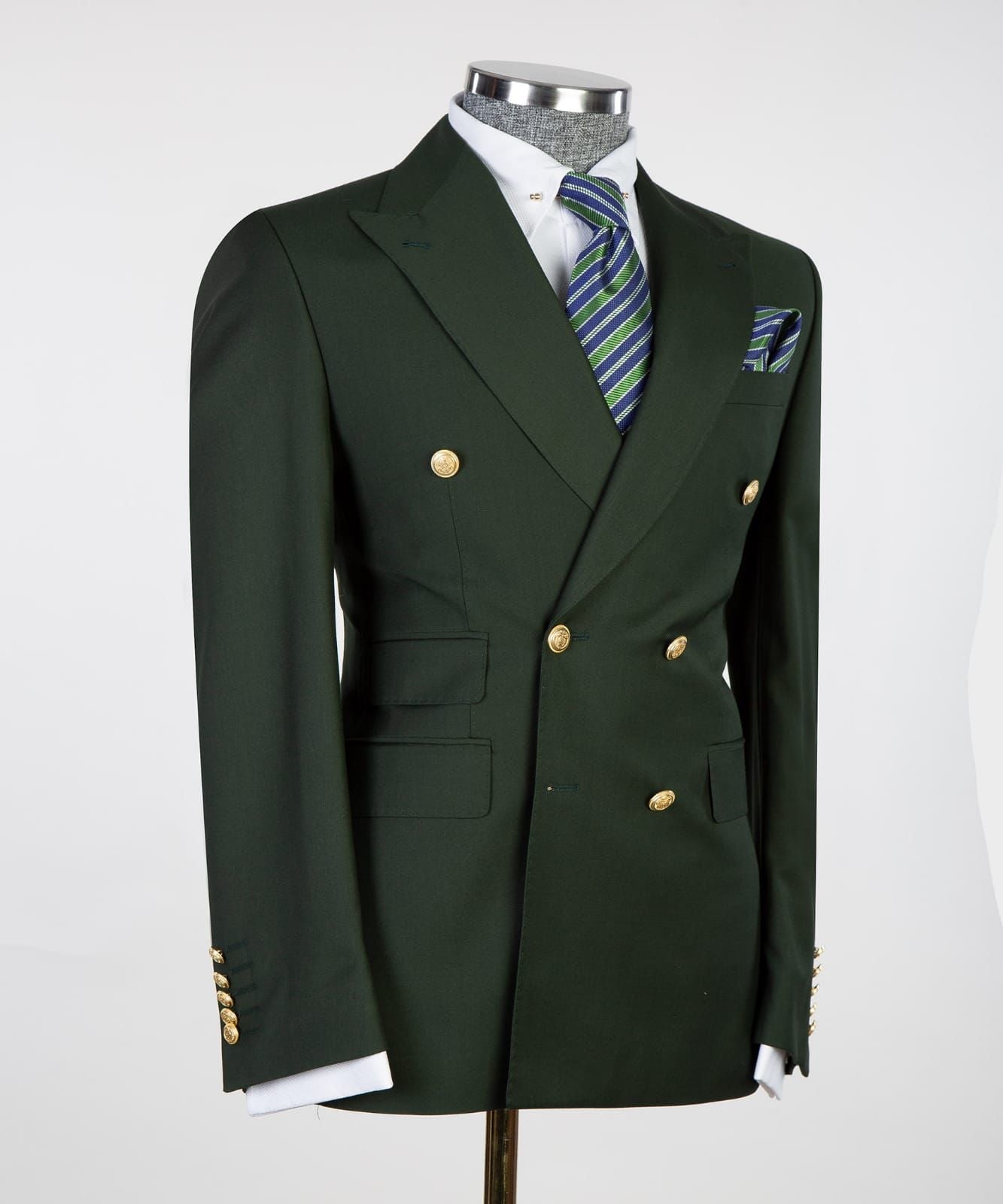 Dark Peaked Lapel Double Breasted Men Green Business Suits