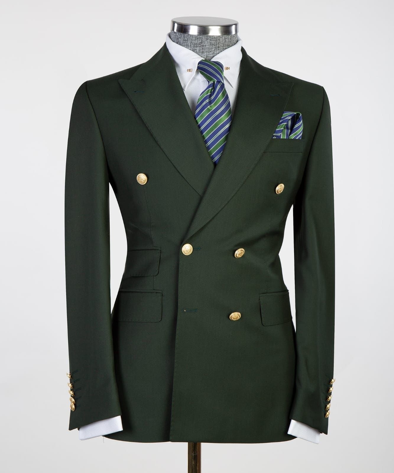 Dark Peaked Lapel Double Breasted Men Green Business Suits