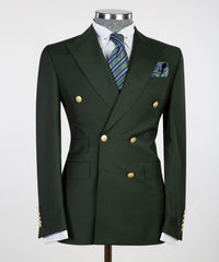 Dark Peaked Lapel Double Breasted Men Green Business Suits