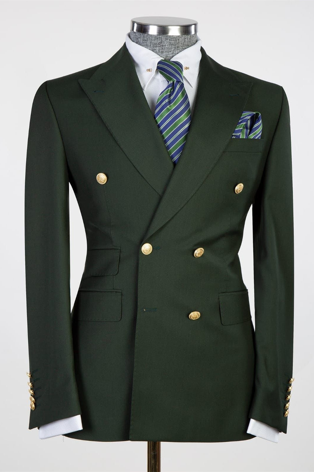 Dark Peaked Lapel Double Breasted Men Green Business Suits