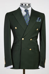 Dark Peaked Lapel Double Breasted Men Green Business Suits