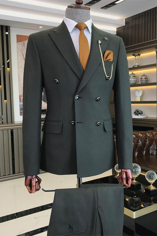 Dark Green Peaked Lapel Slim Fit Business Men Suits