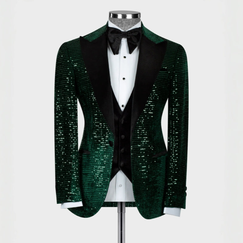 Dark Peaked Lapel Three Pieces Sequins Green Prom Suits