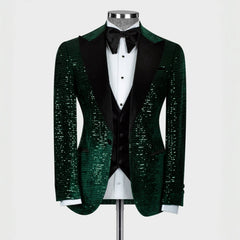 Dark Peaked Lapel Three Pieces Sequins Green Prom Suits