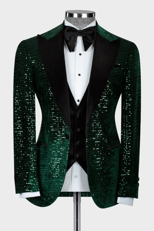 Dark Peaked Lapel Three Pieces Sequins Green Prom Suits