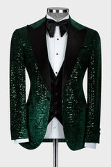 Dark Peaked Lapel Three Pieces Sequins Green Prom Suits