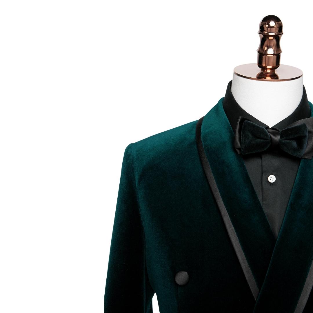 Dark Shawl Lapel Double Breasted Velvet Green Wedding Suits