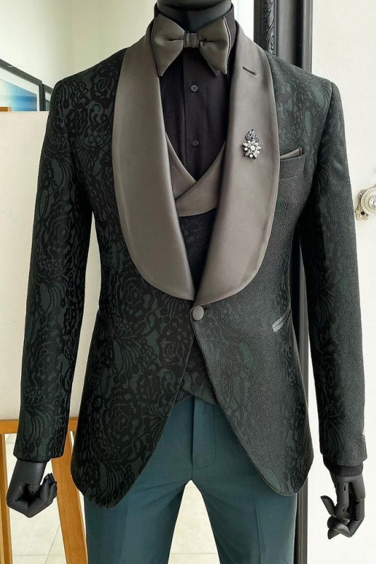Dark Shawl Lapel Three Pieces Slim Fit Jacquard Green Wedding Suits
