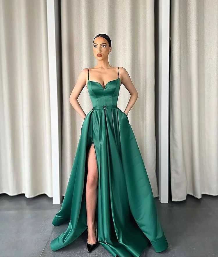 Dark Green Spaghetti Strap A Line V Neck Sleeveless Long Prom Dress With Split