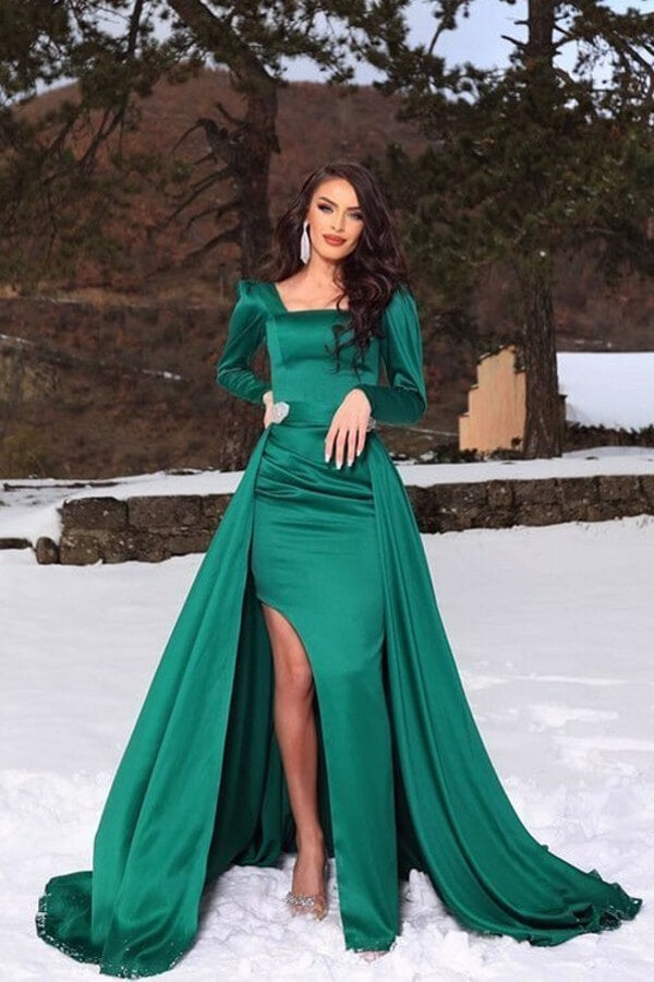 Dark Green Square Long Sleeves Mermaid Split Prom Dress With Detachable