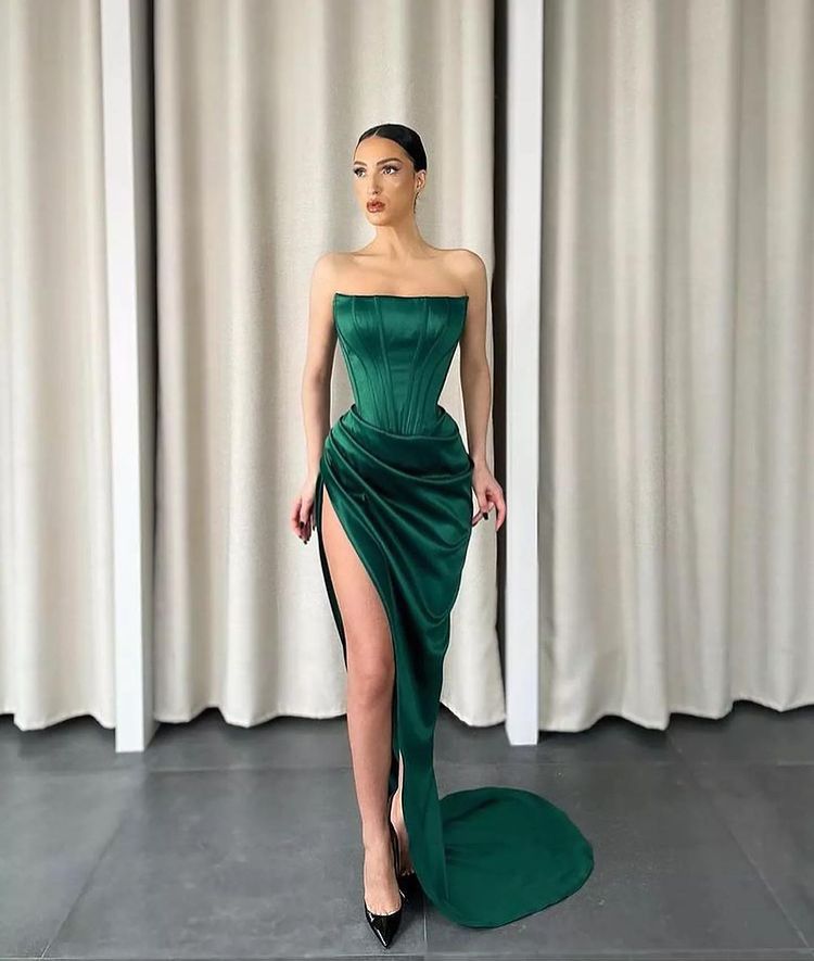 Dark Green Strapless Split Sleeveless Long Mermaid Prom Dress With Pleated