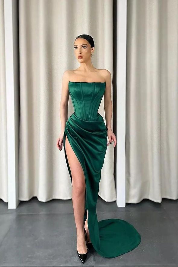 Dark Green Strapless Split Sleeveless Long Mermaid Prom Dress With Pleated