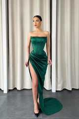 Dark Green Strapless Split Sleeveless Long Mermaid Prom Dress With Pleated