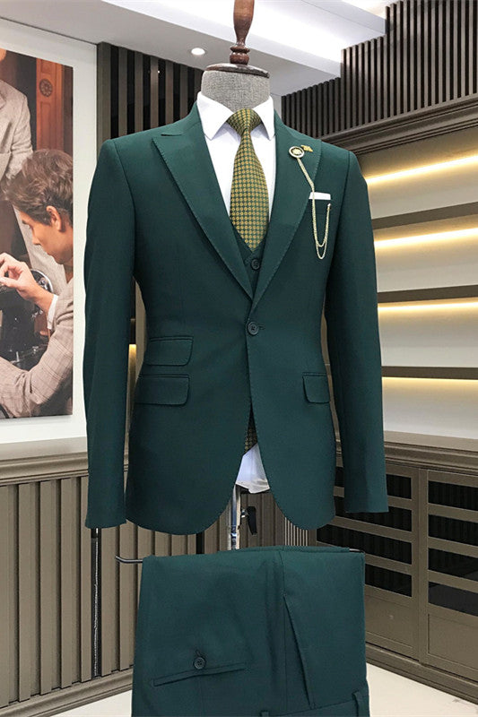 Dark Green Three Pieces Peaked Lapel Prom Men Suits