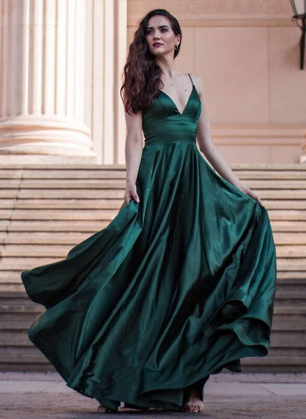 Dark Green V-Neck Satin Floor-Length Prom Dress With Pleated A-Line Si