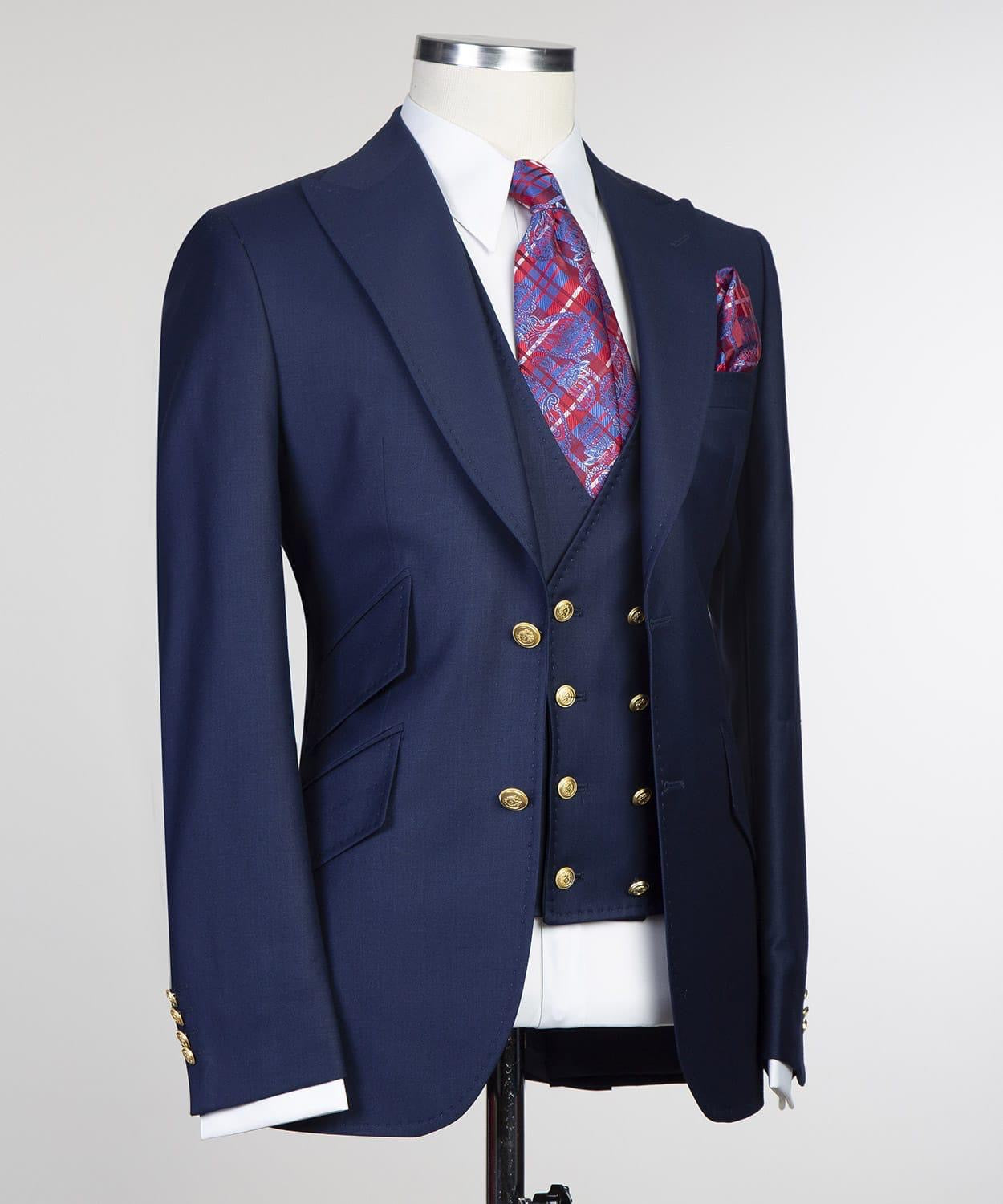Chic Peaked Lapel Three Pieces Men Dark Navy Business Suits