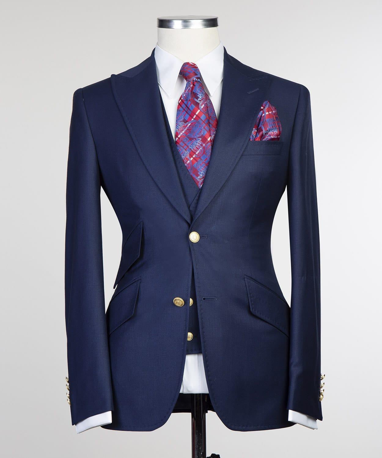 Chic Peaked Lapel Three Pieces Men Dark Navy Business Suits