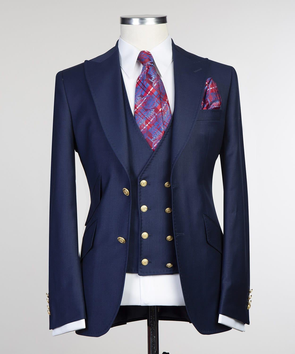 Chic Peaked Lapel Three Pieces Men Dark Navy Business Suits