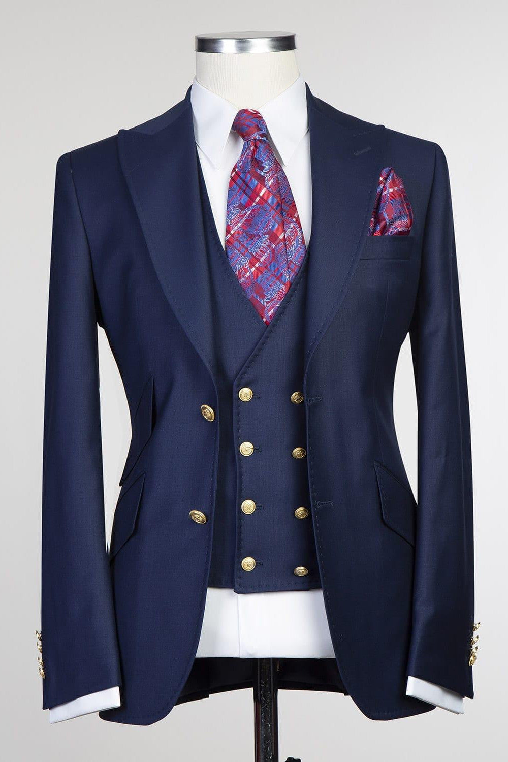 Chic Peaked Lapel Three Pieces Men Dark Navy Business Suits