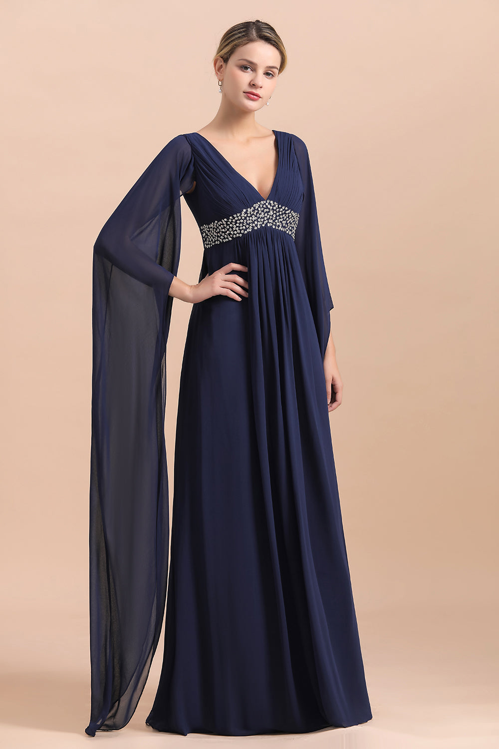 Dark Navy Deep V-neck A-line Mother of the Bride Dress with Belt-27dress