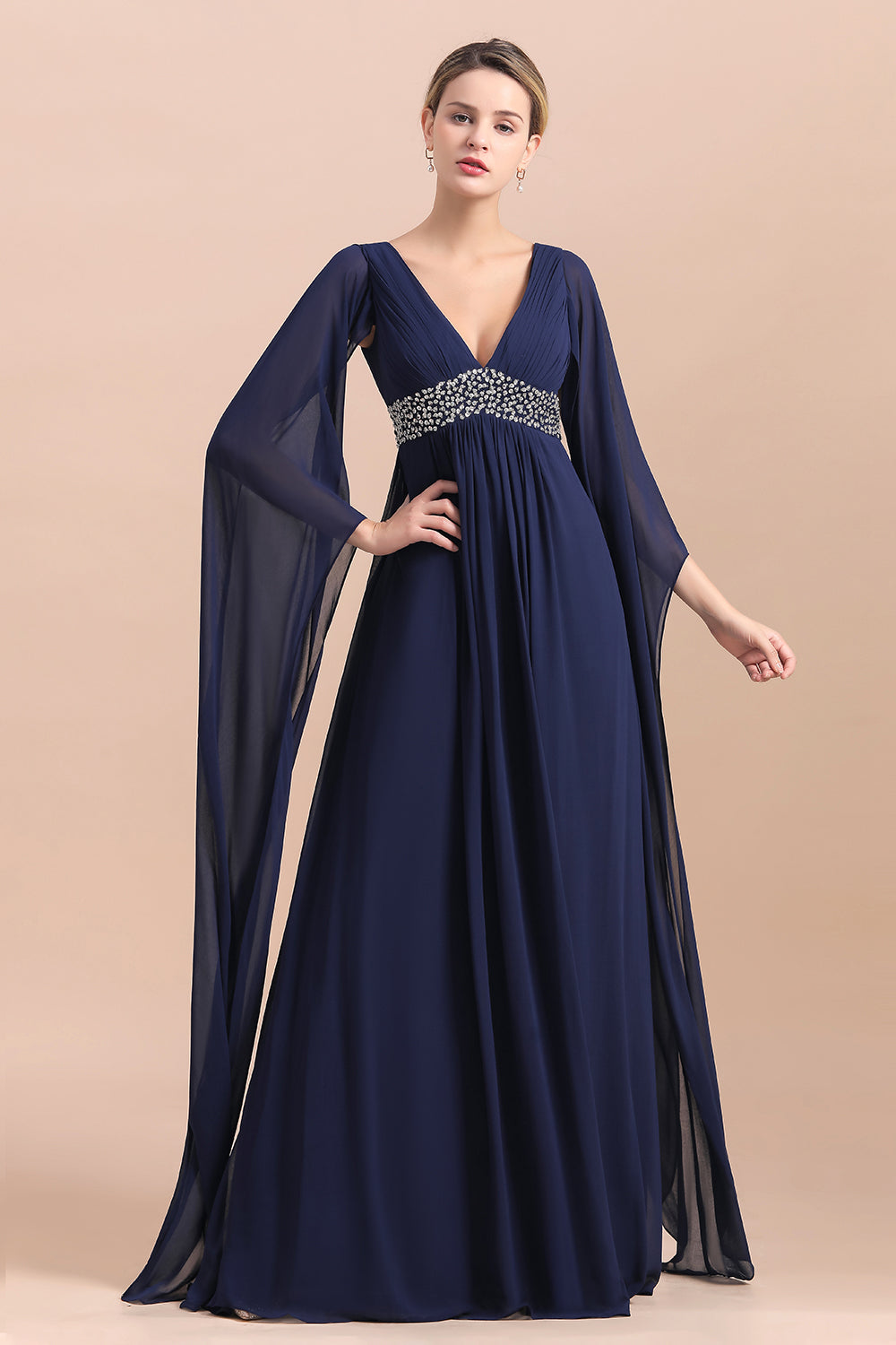 Dark Navy Deep V-neck A-line Mother of the Bride Dress with Belt-27dress