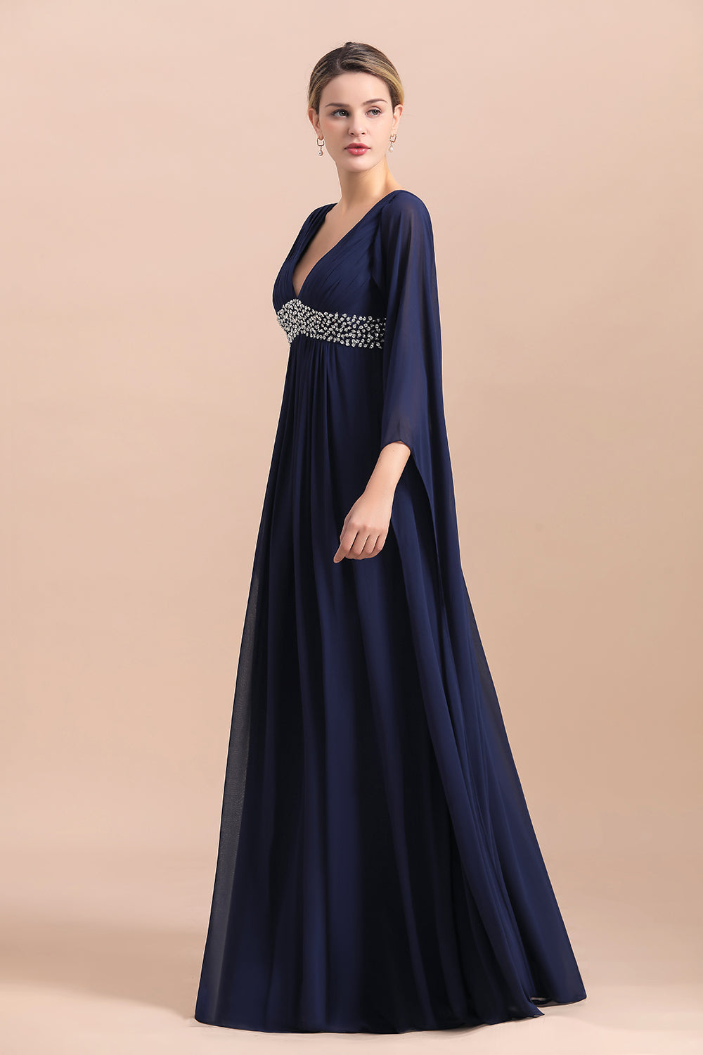 Dark Navy Deep V-neck A-line Mother of the Bride Dress with Belt-27dress