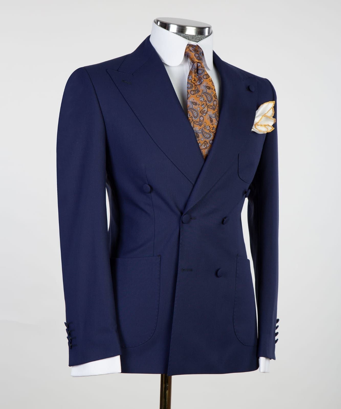 Double Breasted Peaked Lapel Close Fitting Stylish Men Dark Navy Business Suits