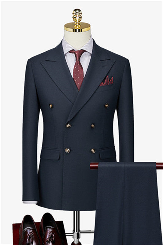 Double Breasted Peaked Lapel Stylish Dark Navy Wedding Suits