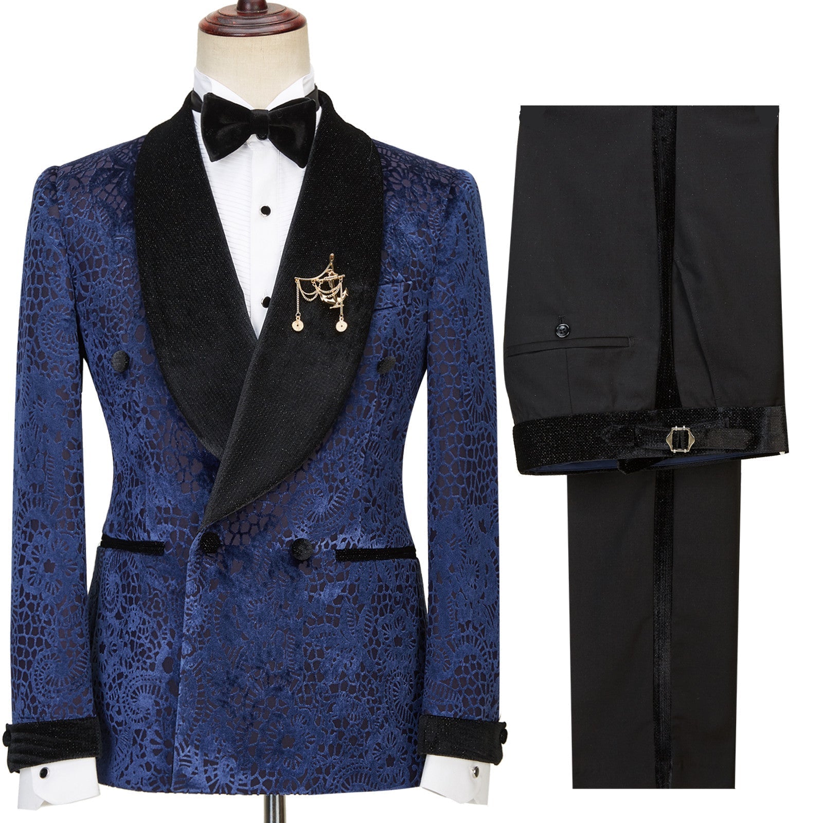 Dark Navy Jacquard Double Breasted Sparkle Shawl Lapel Men Suits For Wedding