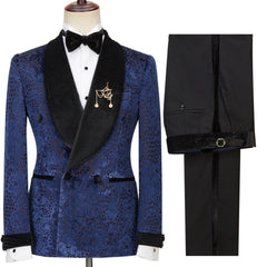 Dark Navy Jacquard Double Breasted Sparkle Shawl Lapel Men Suits For Wedding