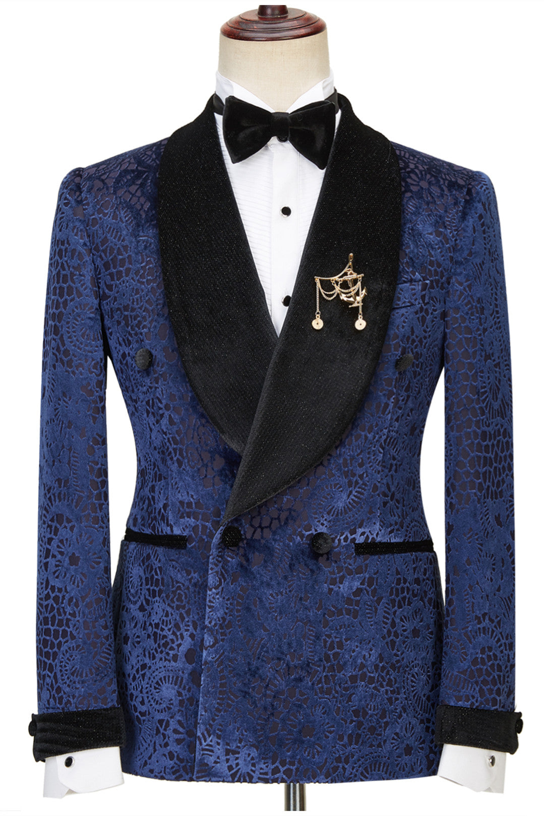 Dark Navy Jacquard Double Breasted Sparkle Shawl Lapel Men Suits For Wedding