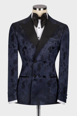 Dark Navy Jacquard Peaked Lapel Double Breasted Wedding Men Suits