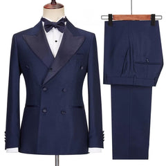 Peaked Lapel Double Breasted Dark Navy Prom Suits