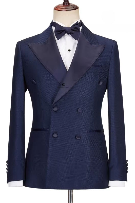 Peaked Lapel Double Breasted Dark Navy Prom Suits