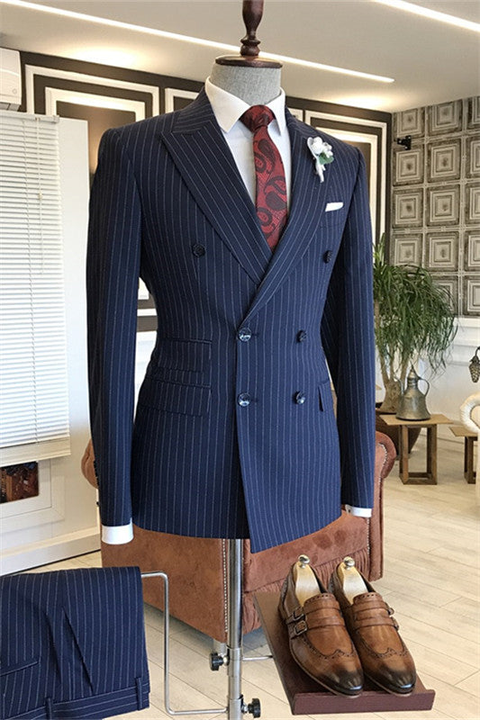 Peaked Lapel Double Breasted Striped Dark Navy Business Suits