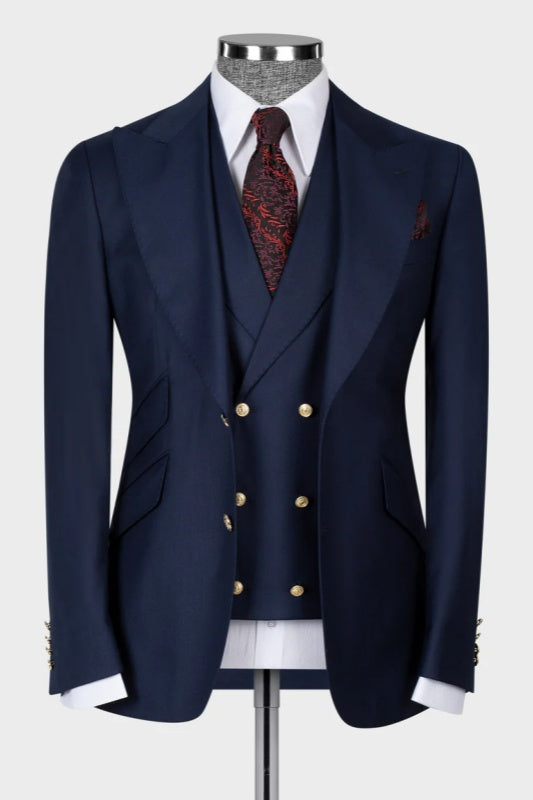 Dark Navy Peaked Lapel Three Pieces Business Men Suits