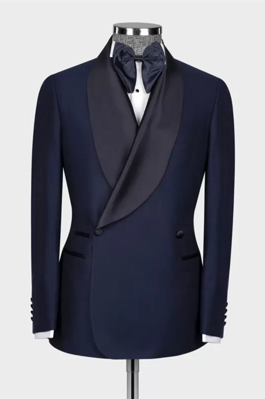 Shawl Lapel Double Breasted Dark Navy Wedding Suits