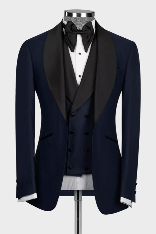 Dark Navy Shawl Lapel Three Pieces Wedding Men Suits