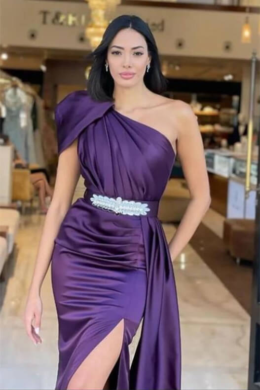 Burgundy Long Mermaid One Shoulder Ruffle Satin Prom Dress with Slit 27dress Burgundy Long Mermaid One Shoulder Ruffle Satin Prom Dress with Slit 27dress