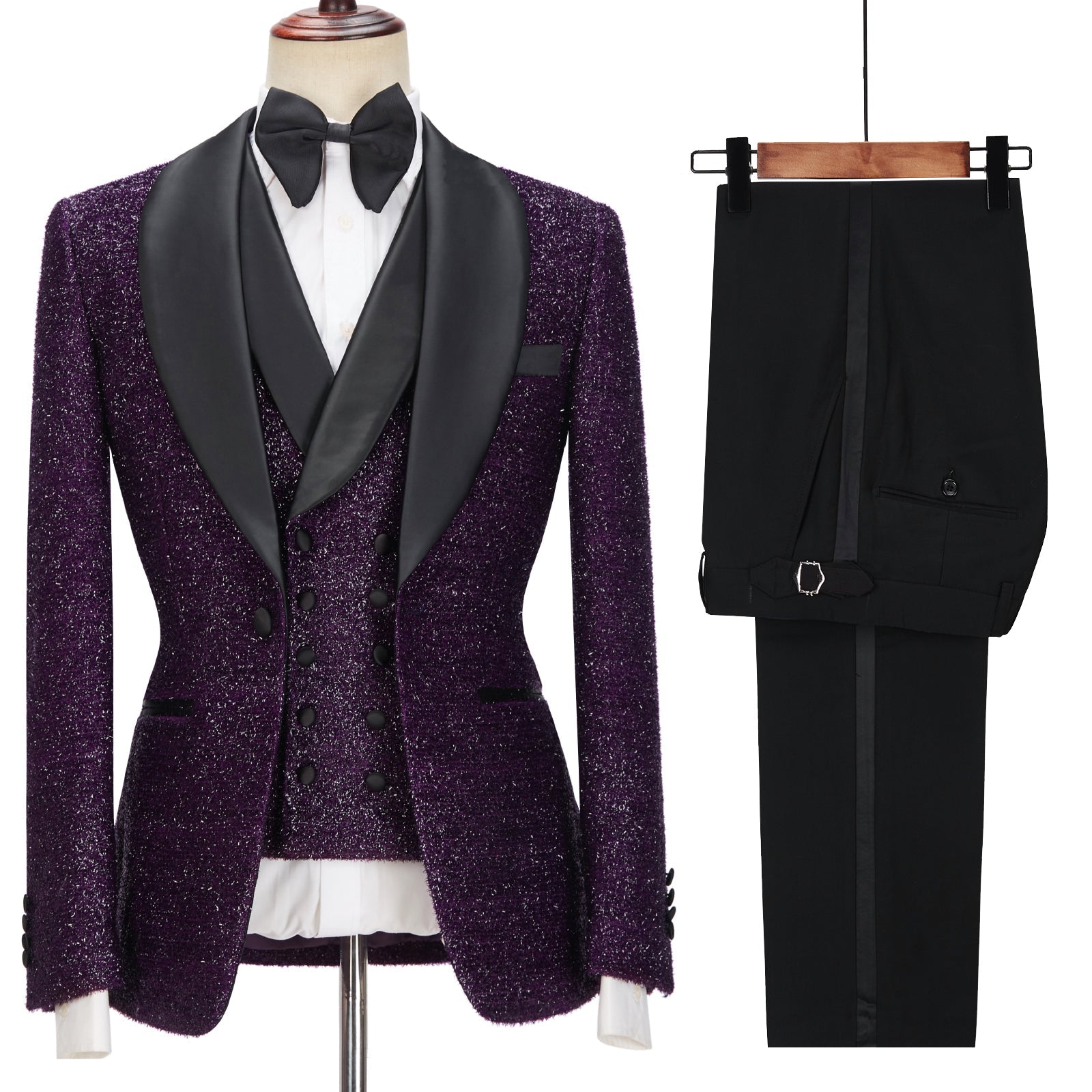 Dark Purple Sparkle Shawl Lapel Three Pieces Men Suits