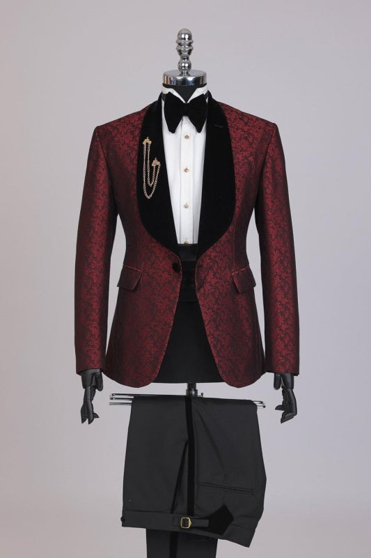 Dark Jacquard Red Wedding Suits With Black Shawl Lapel