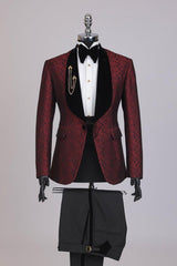 Dark Jacquard Red Wedding Suits With Black Shawl Lapel