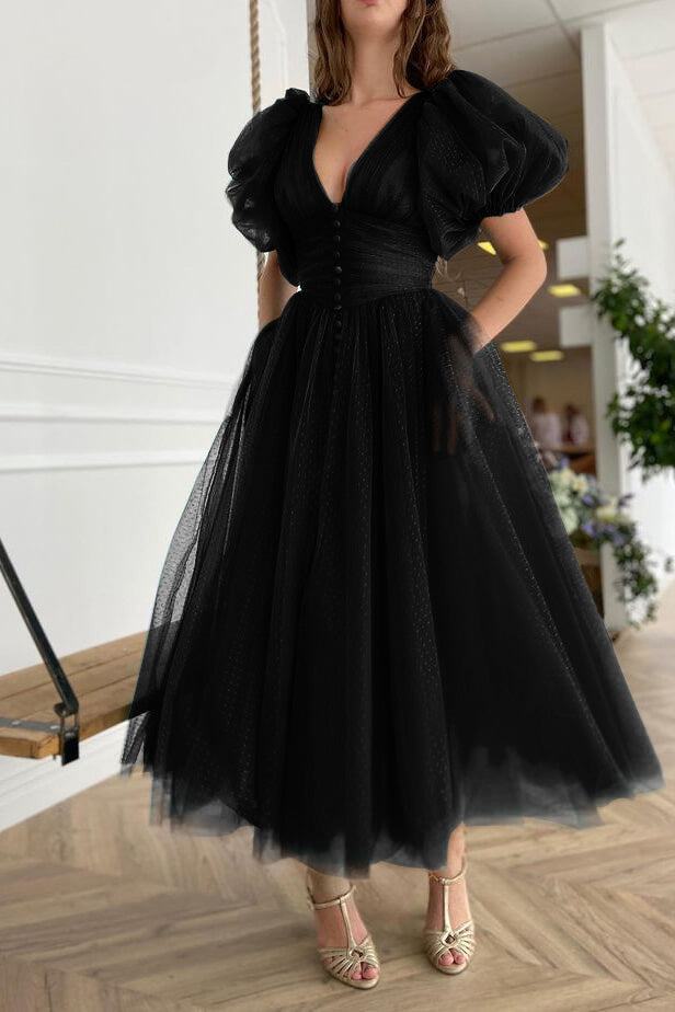 Dark Green V-Neck Short Sleeve A-Line Evening Dress On Sale