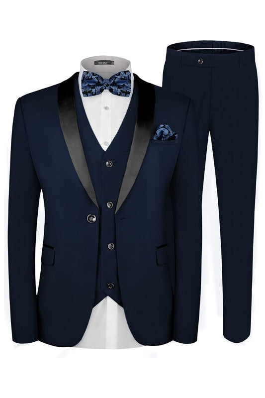 Deep Shawl Lapel Three Pieces Blue Wedding Suits For Men