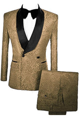 Deep Double Breasted Jacquard Glamorous Gold Wedding Suits With Velvet Lapel