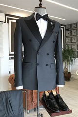Deep Peaked Lapel Double Breasted Close Fitting Gray Wedding Suits