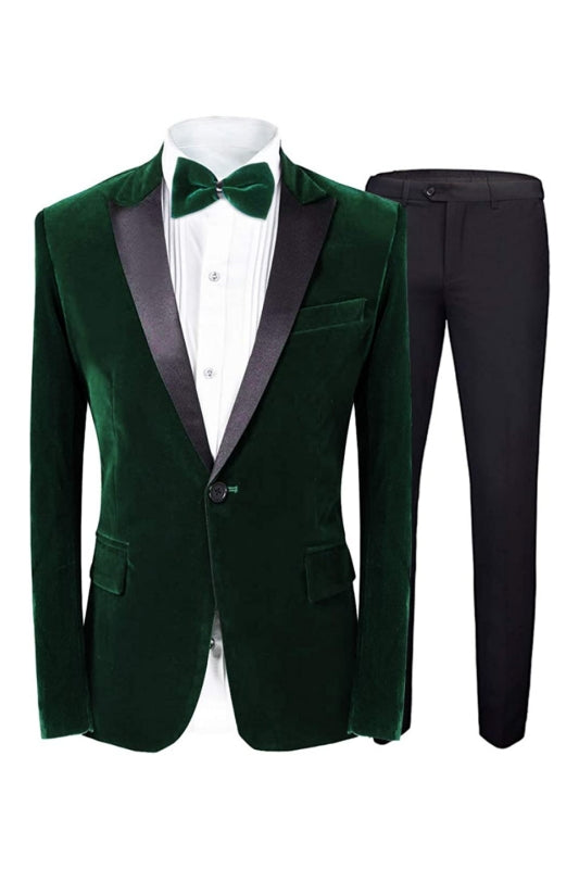 Deep Peaked Lapel Slim Fit Velvet Green Prom Suits For Men
